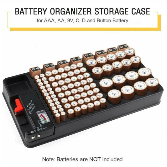 Battery Storage Box Organizer Holder with Tester - Battery Pack Case Caddy Rack Case Box Holders Including Batteries Checker