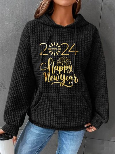 Full Size 2024 HAPPY NEW YEAR Waffle-Knit Hoodie